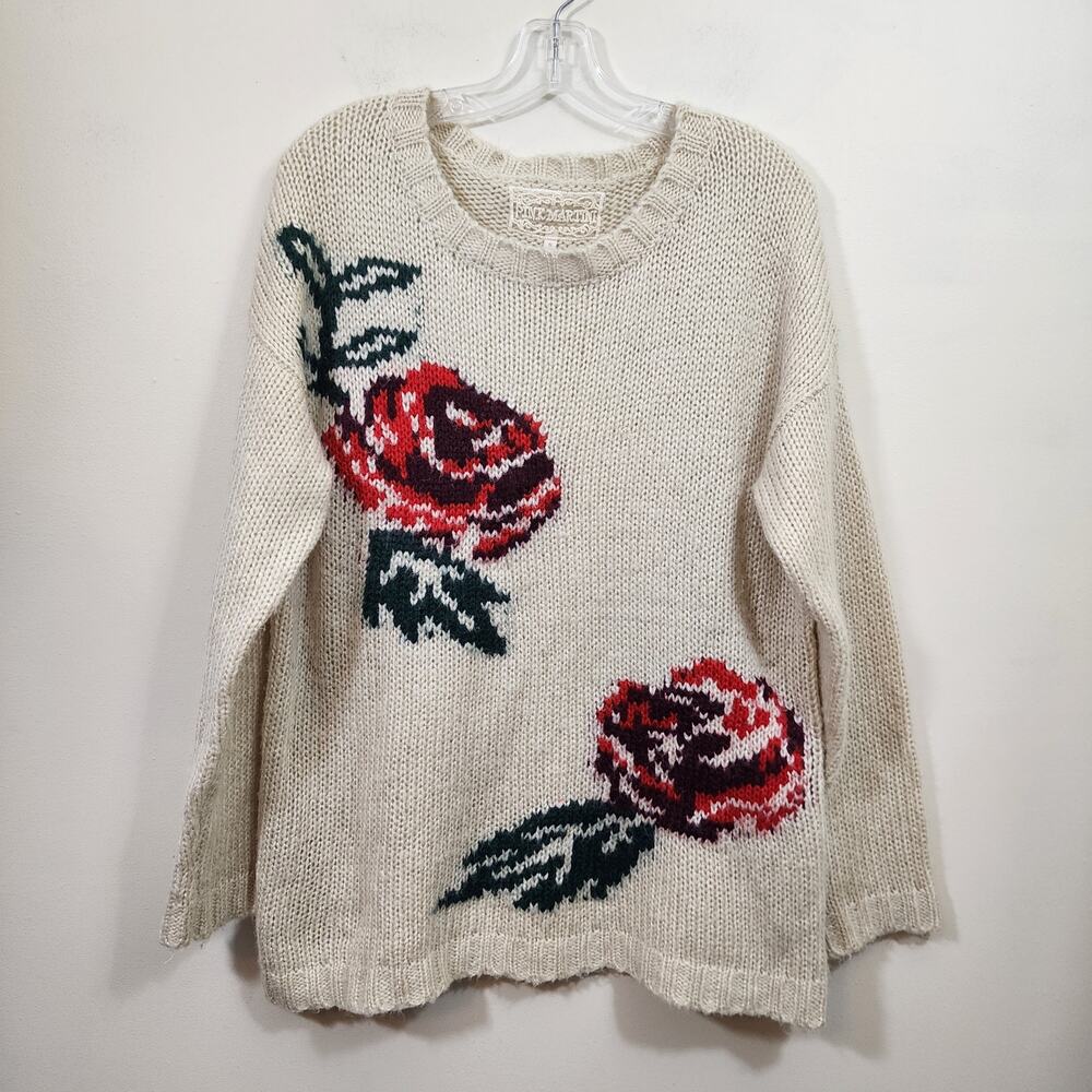 Pink Martini rose‎ pattern open knit long sleeve oversized sweater woman's sz S